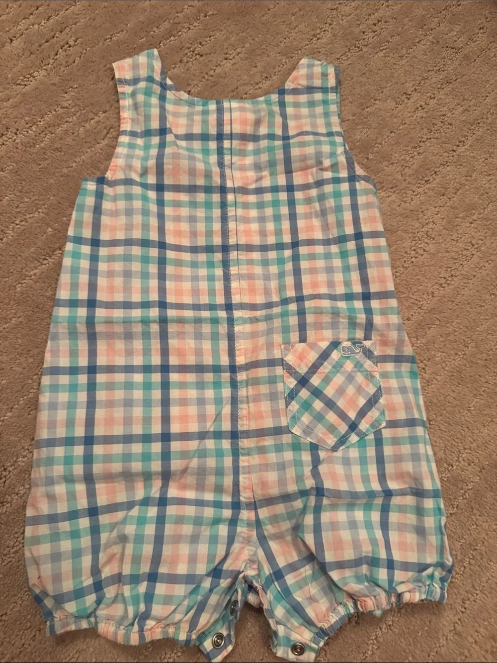 Vineyard Vines Boys Plaid Whale Romper - Light Blue, Pink, White